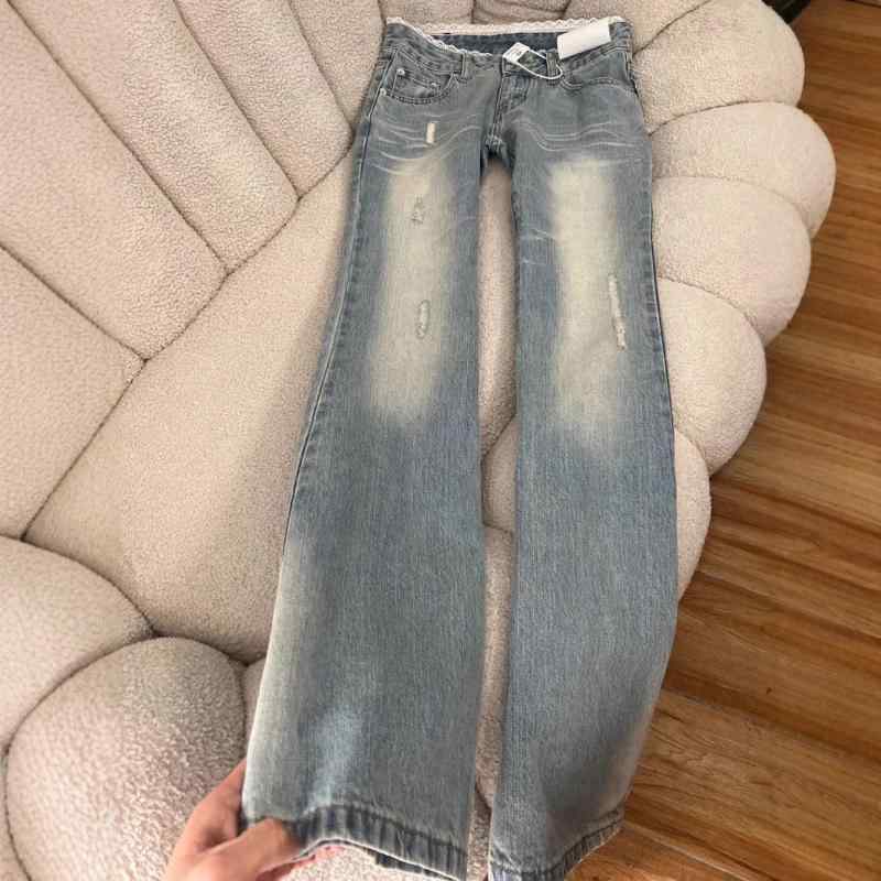 デニム レディース 大きいサイズ 美脚 レース 切り替え フレアジーンズ ストレート ハイウエスト ブルー 韓国風 カジュアル ゆったり ジーパン ズボン パンツ 春夏