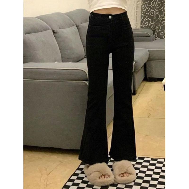 ジーンズ レディース 黒色 ワイドレッグ ラッパパンツ 高身長向け ストレッチ デニム 梨体型カバー 美..