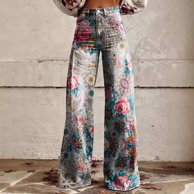 ジーンズ レディース 花柄 ワイドレッグパンツ ポリエステル デジタルプリント 3D 喇叭 フレアパンツ ..