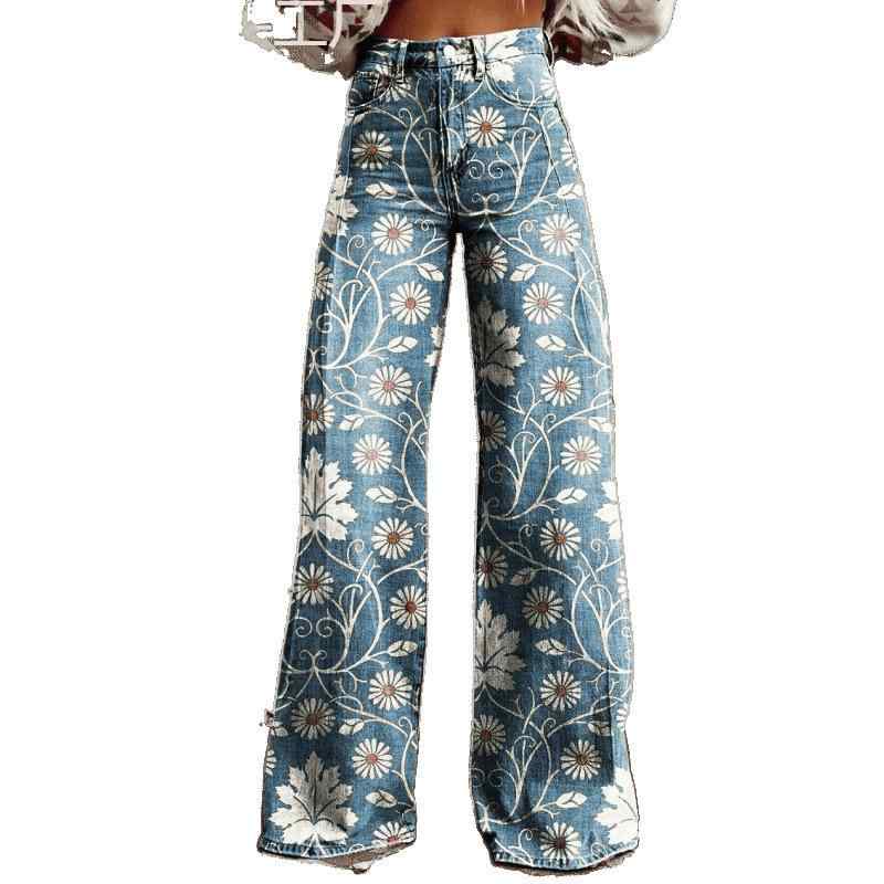 ジーンズ レディース 大きいサイズ ワイドレッグパンツ 3D 熱転写プリント デニム風 長ズボン 春夏 薄..