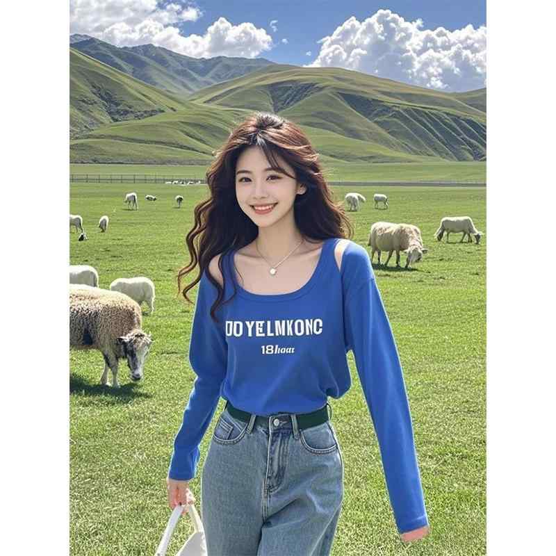 Tシャツ レディース 春物 ブルー 長袖 ショート丈 トップス ポリエステル 字母 ゆったりサイズ プリン ..