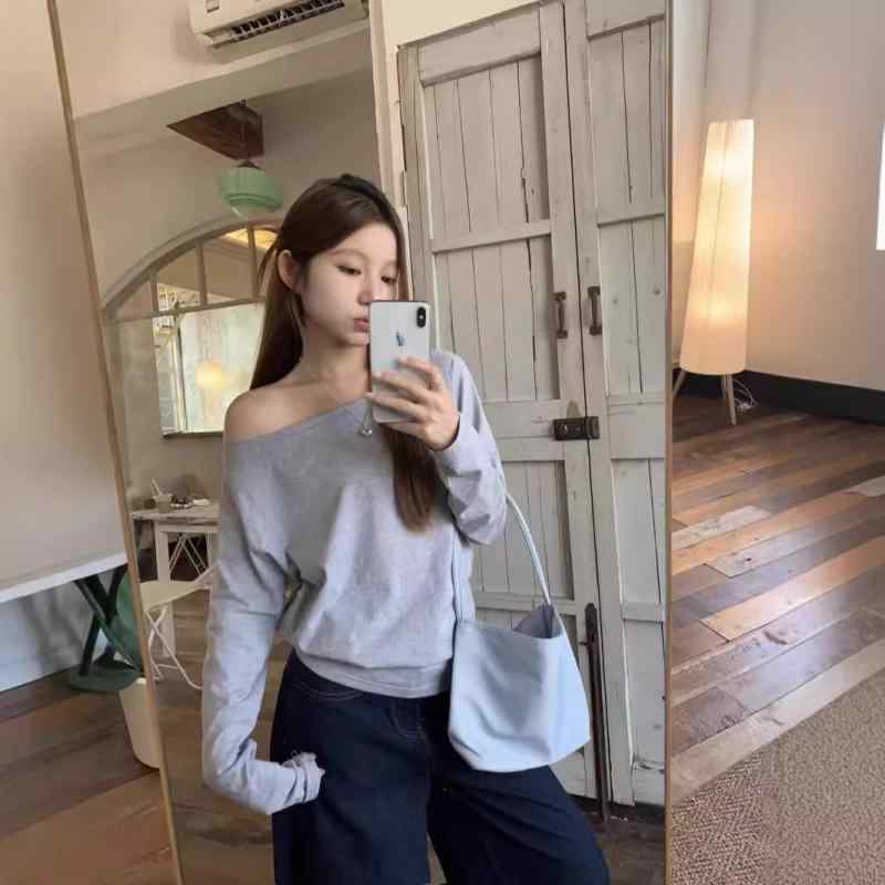 Tシャツ レディース 早秋 長袖 肩出し カットソー 接触冷感 モダール混紡 ゆったり 韓国風 カジュアル ..