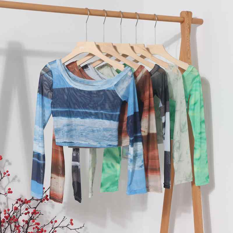 Tシャツ レディース 長袖 肩出し メッシュ チュール ショート丈 へそ出し トップス ブルー 翠グリーン ..