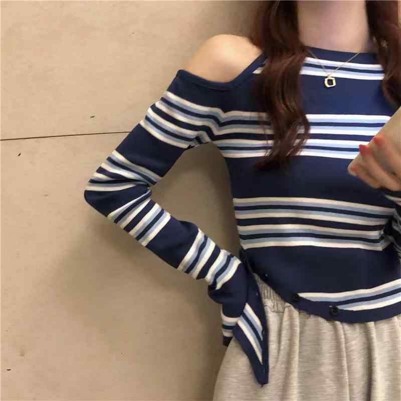 Tシャツ レディース 春秋物 接触冷感 長袖 トップス 韓国風 スリム핏 ストライプ柄 ラウンドネック 肩..