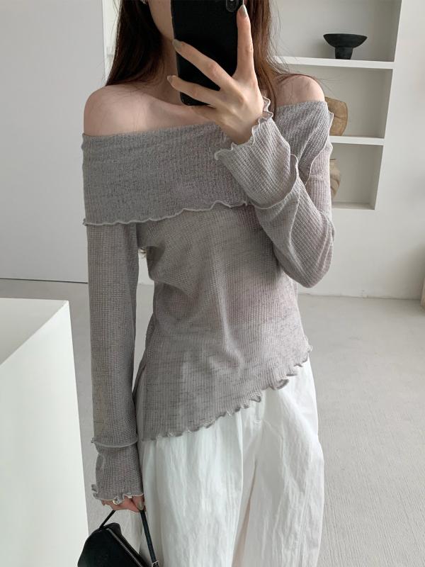 Tシャツ レディース 韓国風 肩出し フリル 長袖 トップス ポリエステル 植物繊維 杏色 グレー ブラック 日韓カジュアル