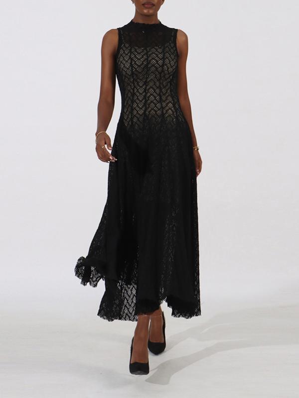 ワンピース レディース ニット ノースリーブ 無地 ホローアウト レース 切り替え フレア Aライン ロン..