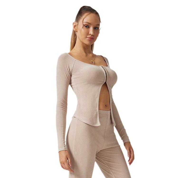 ヨガウェア レディース 長袖 トップス へそ出し 秋冬 女性用 スリムフィット ストレッチ カシュクール 無地 綿 スポーツウェア エクササイズ 運動着 カーキ ブラック