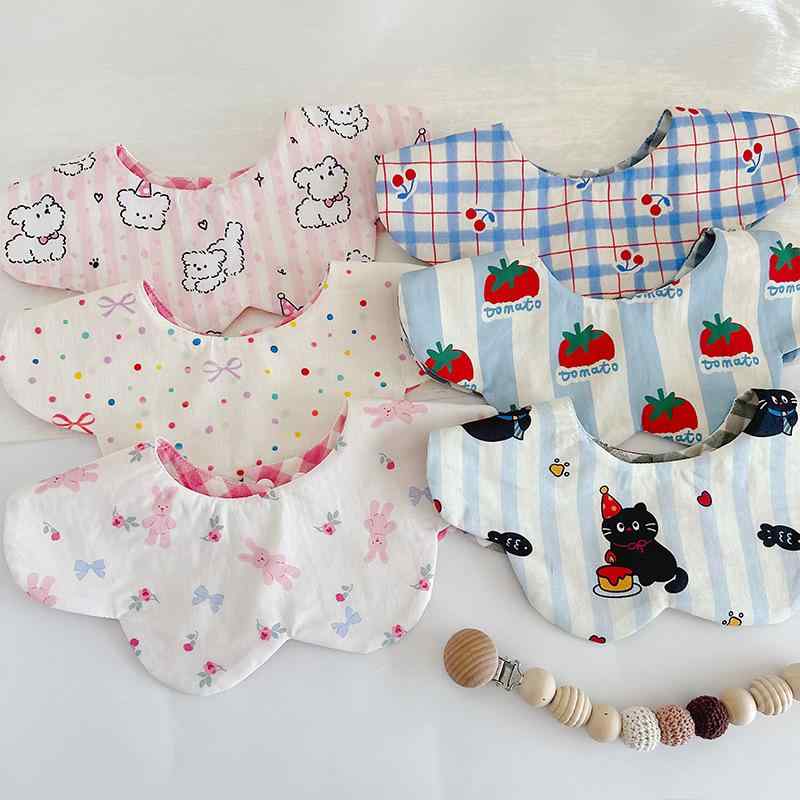 ベビー・キッズスタイ よだれかけ ガーゼ 花びら型 通気性 吸水性 かわいい アニマル柄 ドット柄 ボー..