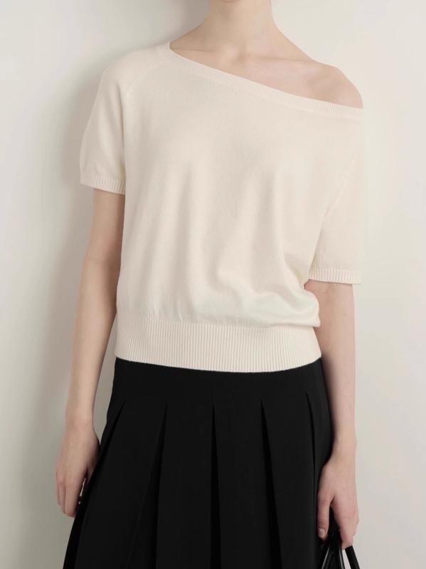 ニット・セーター レディース トップス オフショルダー 半袖 Tシャツ カットソー ポリエステル 綿 切り..