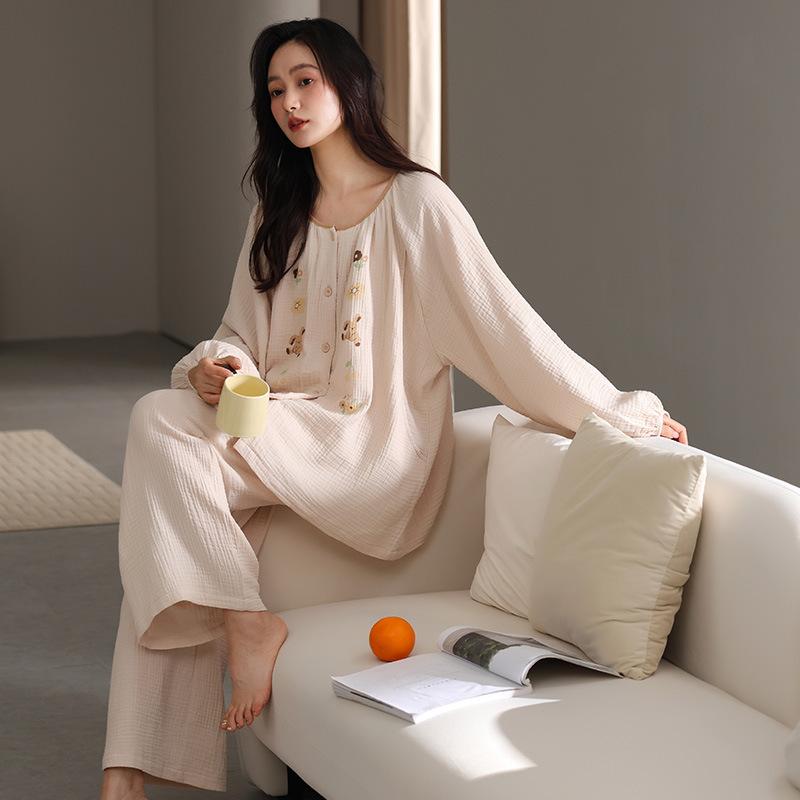 パジャマ レディース 授乳服 綿100% ガーゼ 長袖 長ズボン 妊婦 マタニティ ウェア ルームウェア セットアップ 春夏 秋冬 薄手 産後 部屋着 シンプル