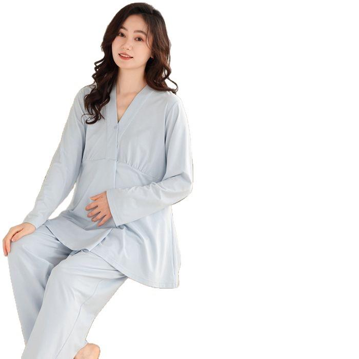 パジャマ レディース マタニティ 産後 授乳服 春夏秋冬 綿100% 長袖 ルームウェア 上下セット 水色 ピ..