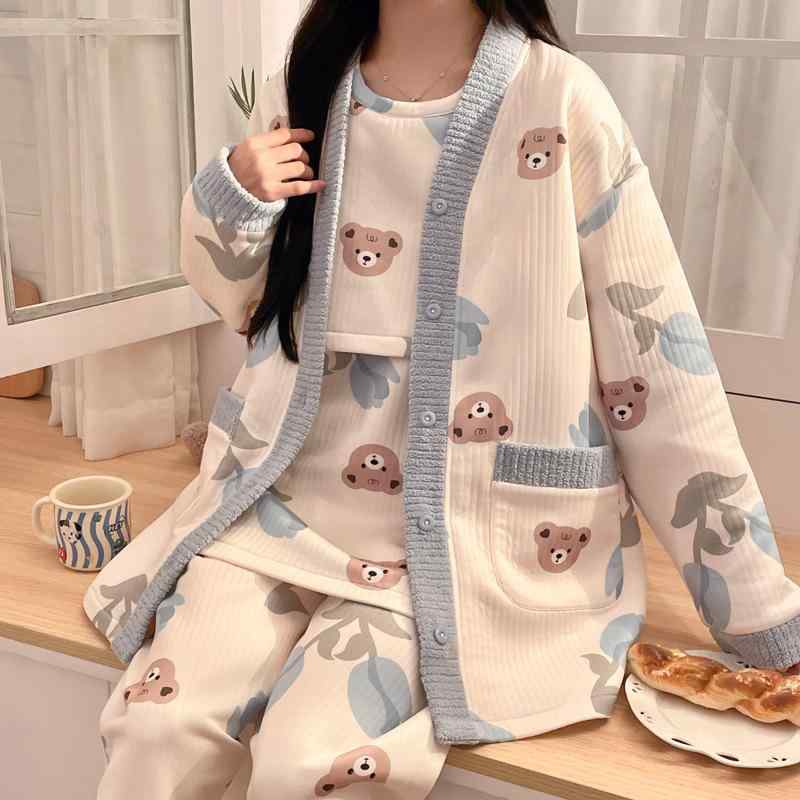 マタニティウェア レディース 3点セット 春秋冬 授乳服 産後 パジャマ 妊婦 部屋着 ポリエステル ブル..