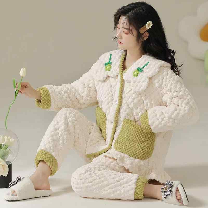 マタニティウェア レディース 産後 授乳 パジャマ 秋冬 珊瑚绒 ポリエステル ふわふわ あったか かわい..