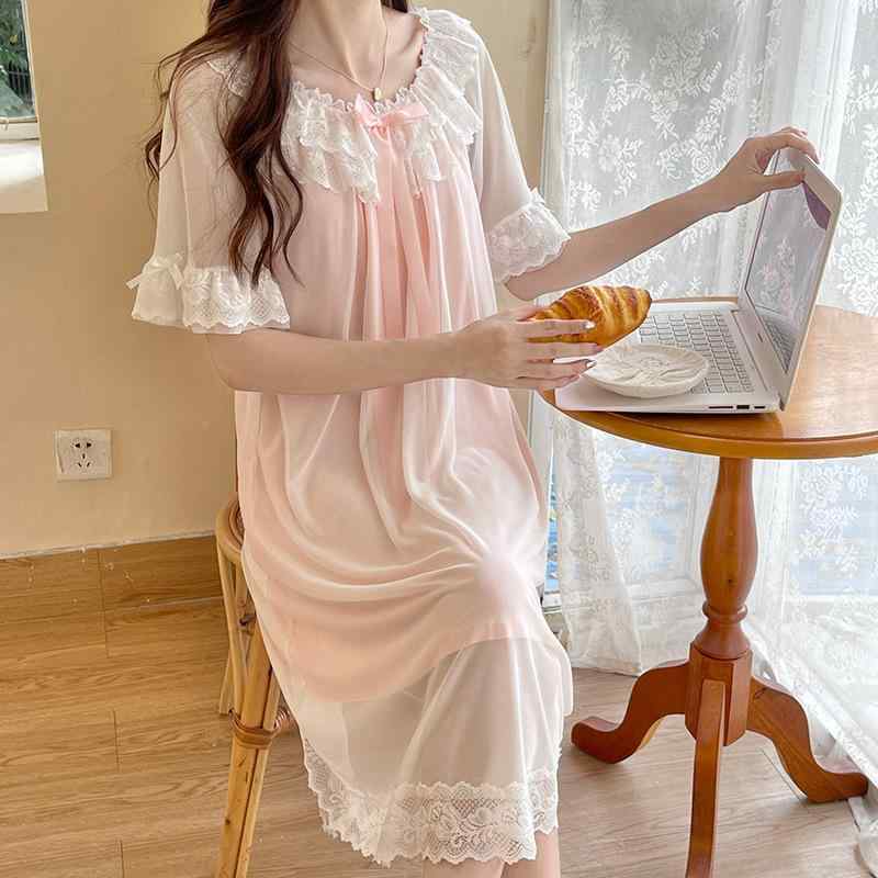 ワンピース レディース 半袖 ルームウェア 部屋着 綿 レース ピンク系 নেট