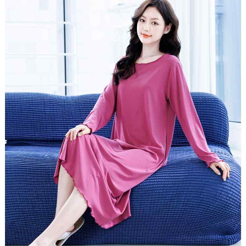 パジャマ レディース 春秋 長袖 膝丈 ワンピース 妊婦 授乳 モダール リブ 薄手 ラウンドネック パープ..