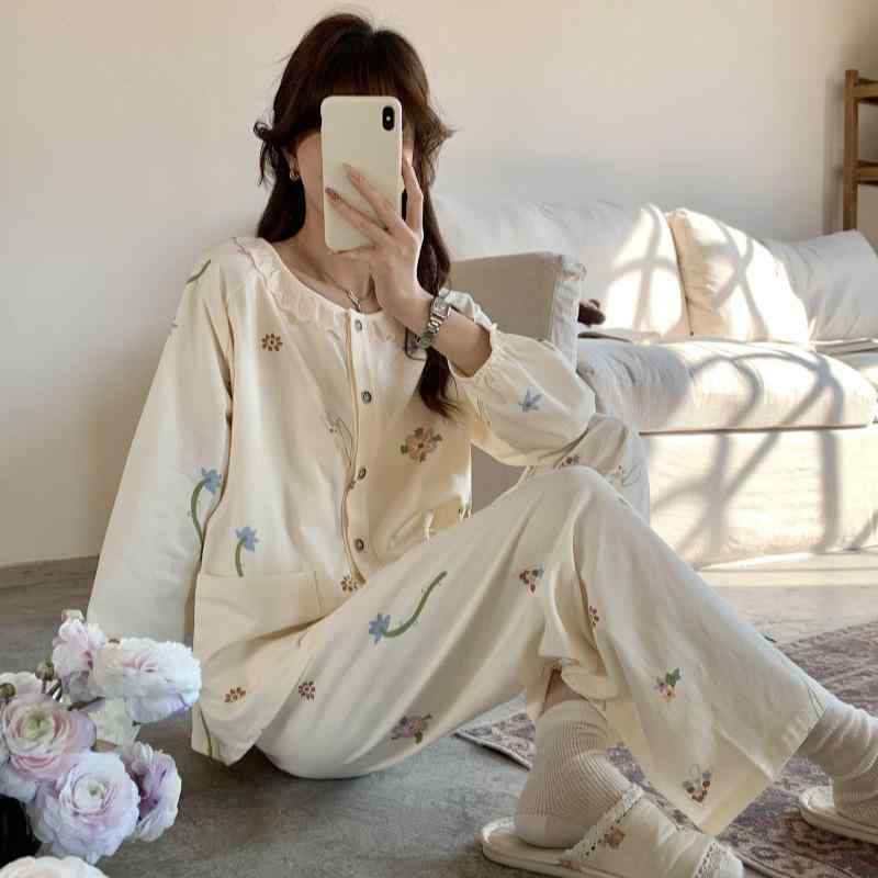 マタニティウェア レディース 授乳服 春夏秋冬 綿 ルームウェア 上下セット パジャマ 長袖 長ズボン 胸..