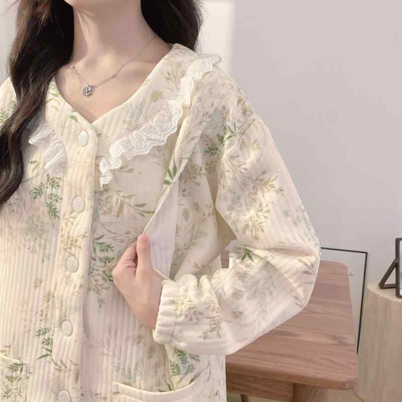 マタニティウェア レディース 秋冬 授乳服 産後 パジャマ 前開き ポリエステル 長袖 厚手 ルームウェア..