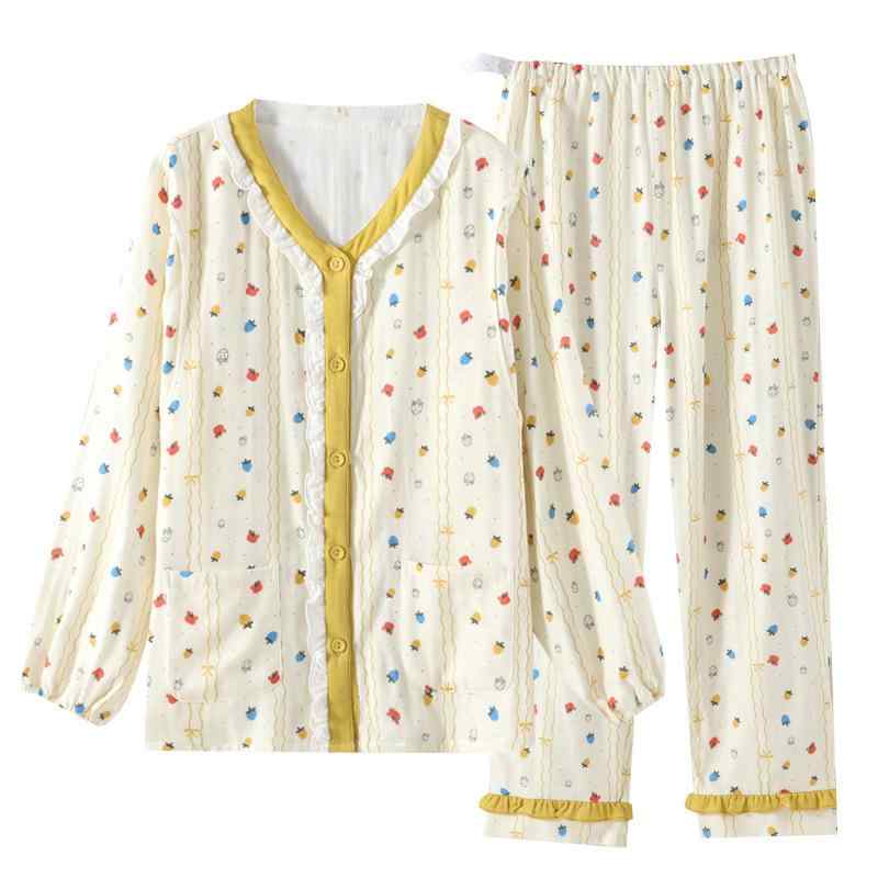 マタニティウェア レディース 授乳服 春秋冬 綿100% 三層ガーゼ 調整可能 長袖 長ズボン 上下セット 部..