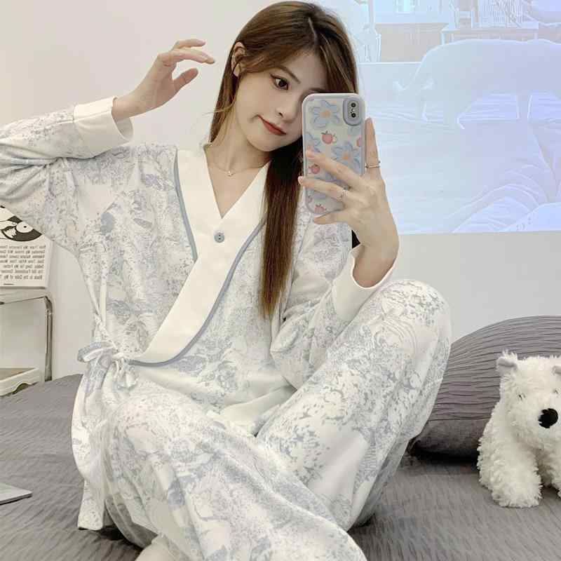 マタニティウェア レディース 授乳服 春秋 夏 産後 パジャマ 綿 和風 水墨画柄 Vネック 長袖 長ズボン ..