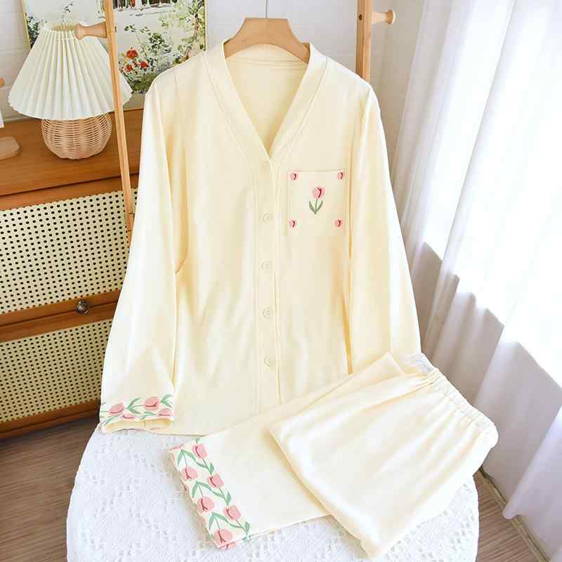 マタニティウェア レディース 秋冬 産後 パジャマ コットン Vネック ルームウェア 長袖 長ズボン 吸汗 ..