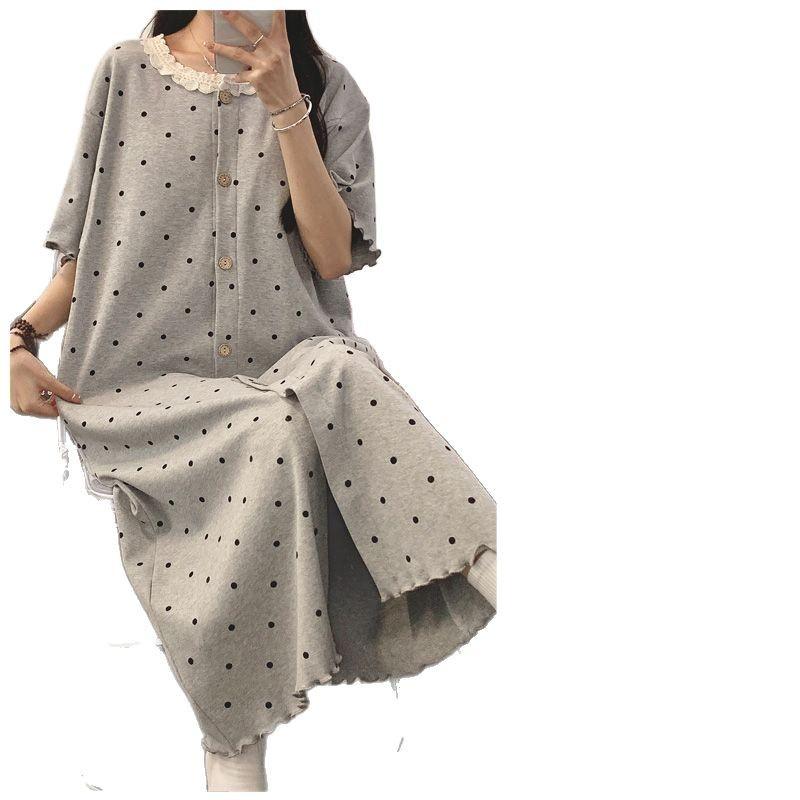 マタニティウェア レディース 授乳服 ワンピース 半袖 コットン 薄手 ラウンドネック 水玉 猫 ストライ..