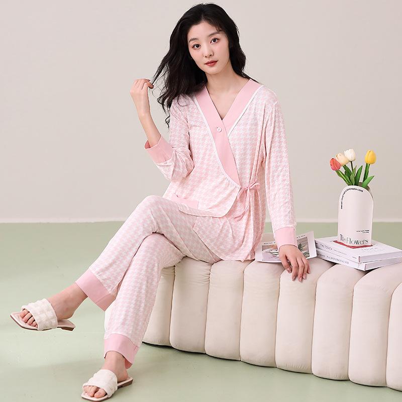 マタニティウェア レディース 授乳服 部屋着 寝巻き 再生繊維 薄手 長袖 長ズボン 春夏秋冬 無地 M L X..