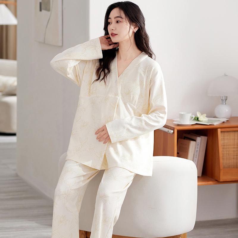 パジャマ レディース マタニティ 産後 ルームウェア 綿 混紡 快適 授乳しやすい 長袖 長ズボン 上下セ..