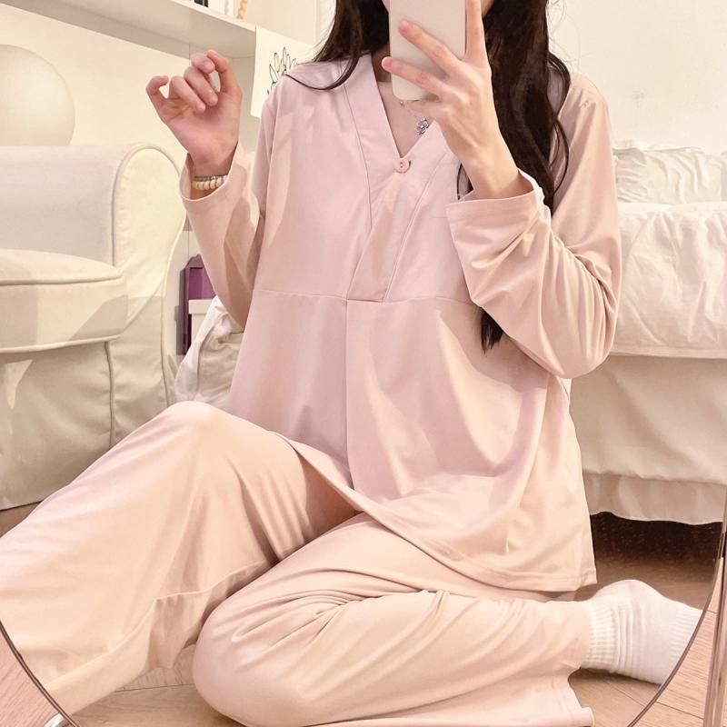 マタニティウェア レディース 春夏 秋冬 授乳服 パジャマ 上下セット 薄手 Vネック 長袖 長ズボン 妊婦..