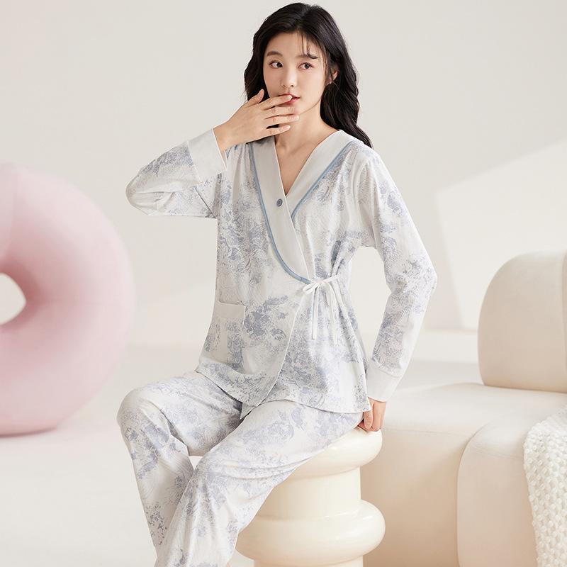 マタニティウェア 春秋 授乳 パジャマ ルームウェア 産後 上下セット 胸パッド付き ポリエステル かわ..