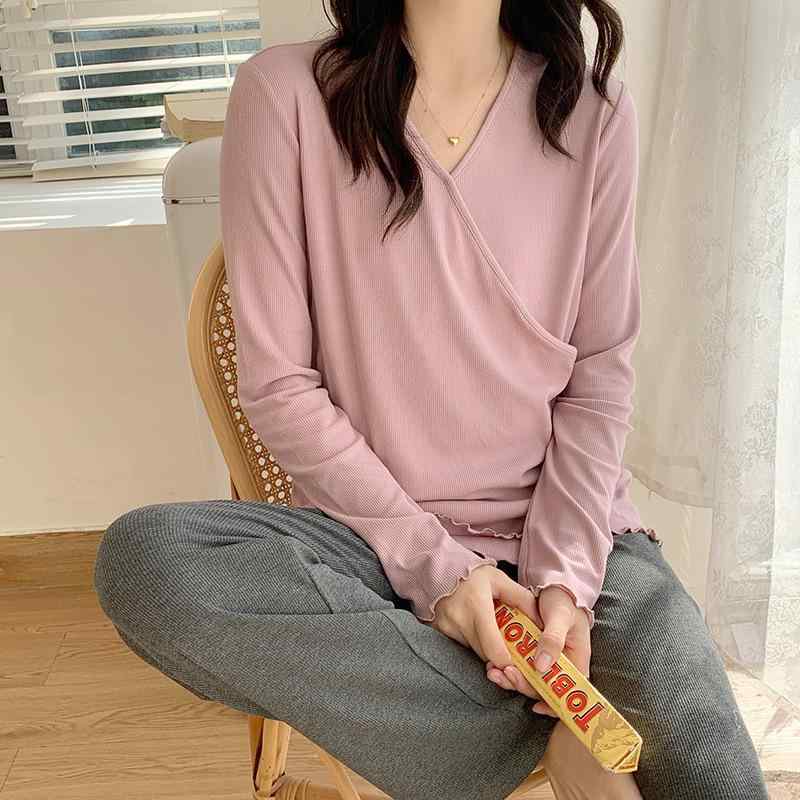 マタニティウェア レディース 授乳服 部屋着 上下セット モダール 長袖 長ズボン 春夏秋冬 紫色 グリー..