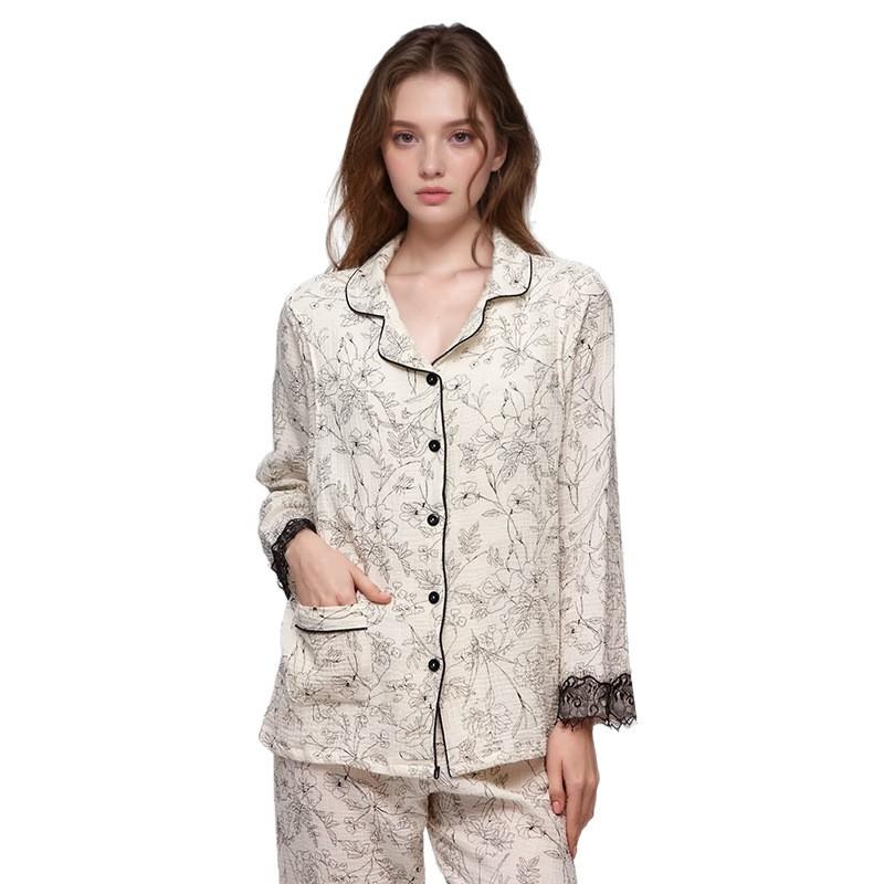 パジャマ レディース マタニティ 授乳服 綿100% ルームウェア 上下セット 産前 産後 水墨画レース 襟付..