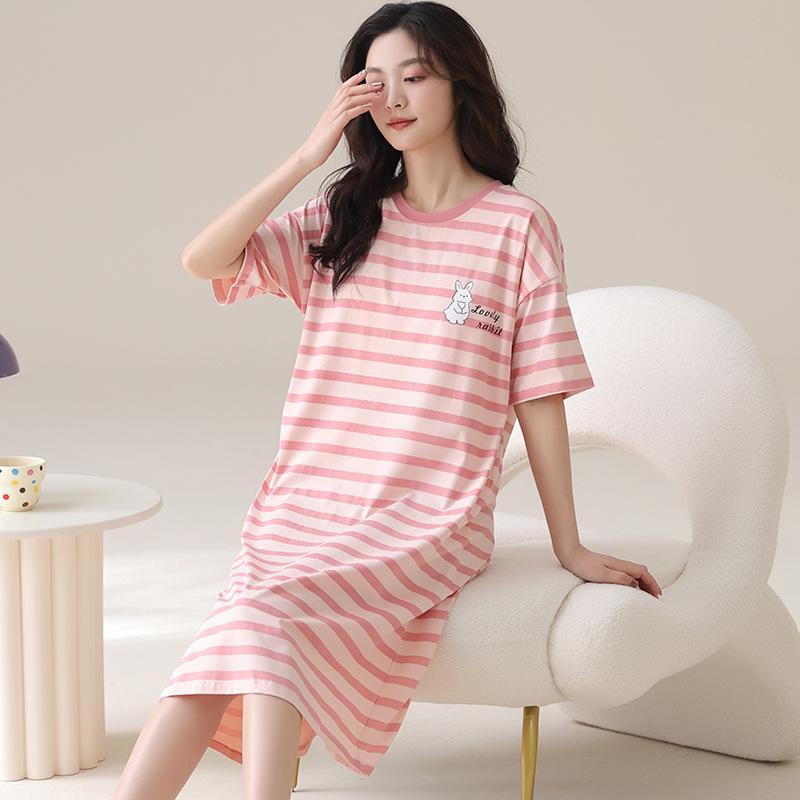ワンピース レディース 大きいサイズ 半袖 綿100% ストライプ柄 ゆったり 膝丈 ルームウェア 部屋着 マ..