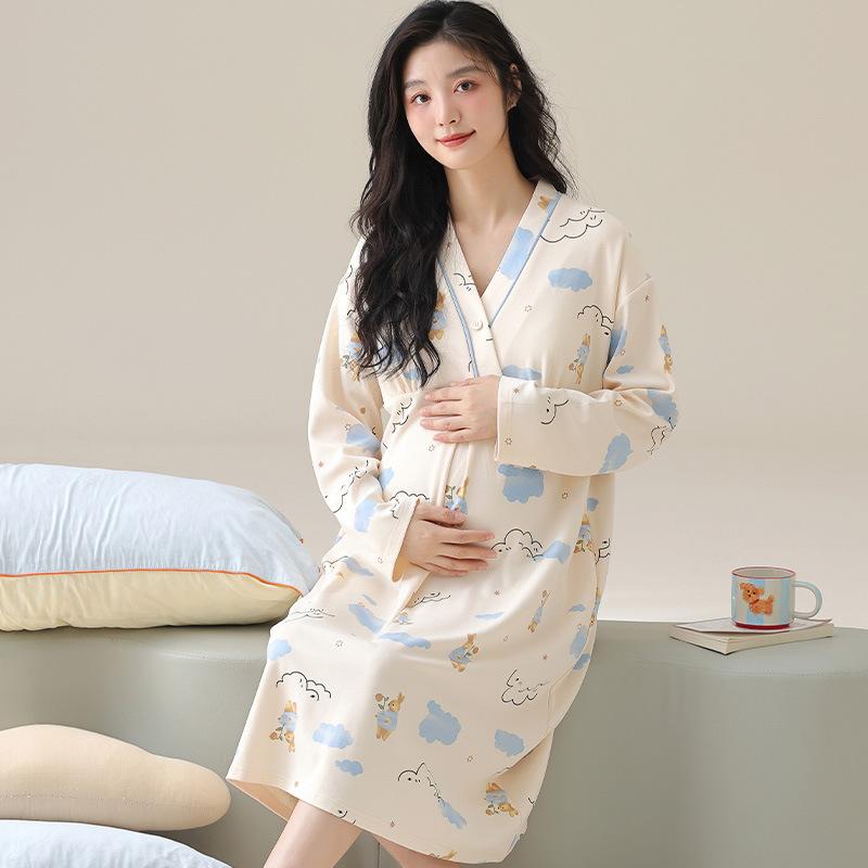 マタニティウェア レディース 春秋 長袖 コットン 授乳服 パッド付き 産後 授乳 ワンピース M L XL XXL..