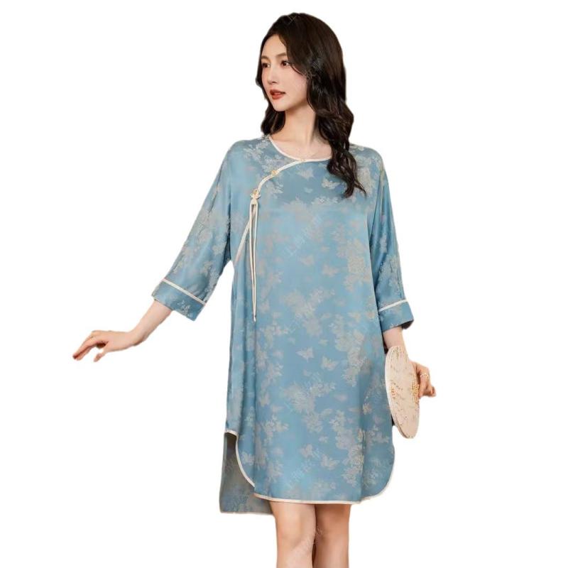 パジャマ レディース ルームウェア シルク 陽イオン 寝巻き 部屋着 中華風 ママ ミセス 接触冷感 ポリ..