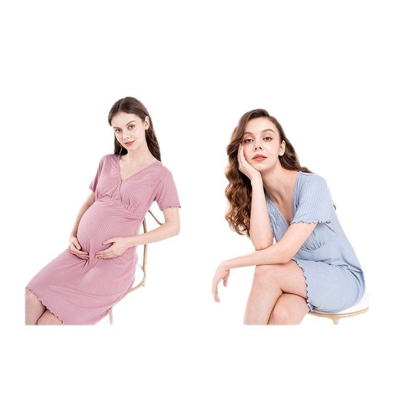 ワンピース レディース マタニティ 授乳服 春夏 ポリエステル 繊維 三分袖 ロング丈 部屋着 ルームウェ..