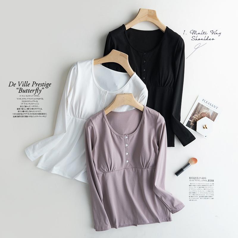 授乳服 レディース マタニティ ウェア 長袖 トップス ブラパッド付き 産後 授乳 コットン 秋冬 インナ..