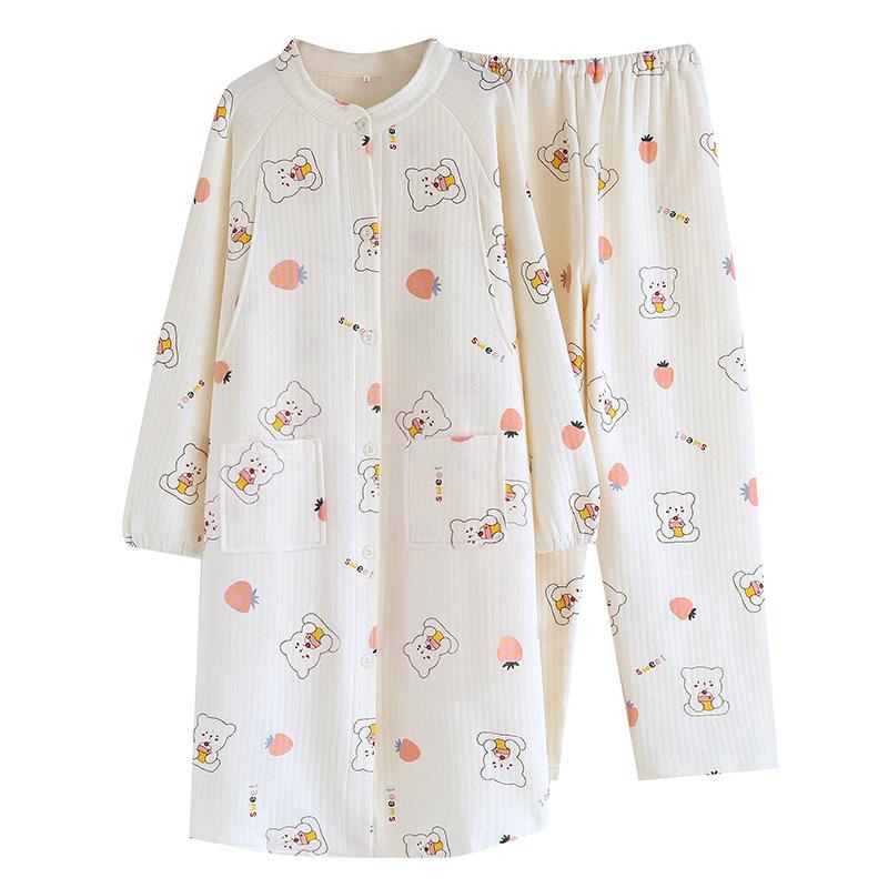 マタニティウェア レディース パジャマ 授乳服 純綿100% 産前産後 ワンピース 長袖 厚手 冬 あったか ..