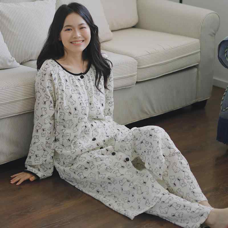 マタニティウェア レディース 授乳服 産後 パジャマ ワンピース 腹帯付き 綿100% ガーゼ 長袖 長ズボン..