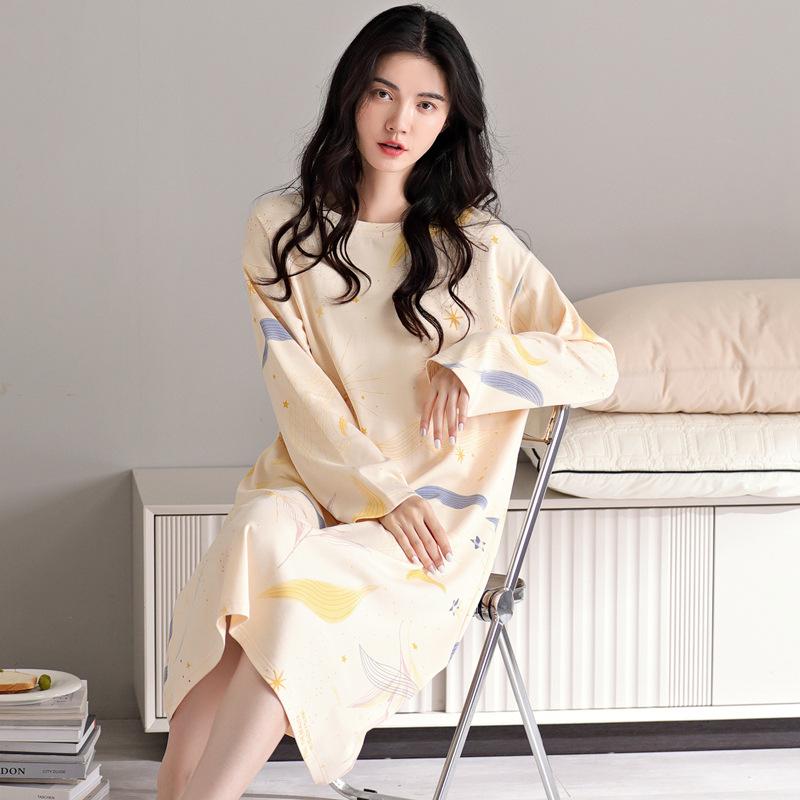 ワンピース レディース 長袖 パジャマ 綿100% 丸首 M L XL XXL 春秋 部屋着 普段使い かわいい 伸縮性 ..