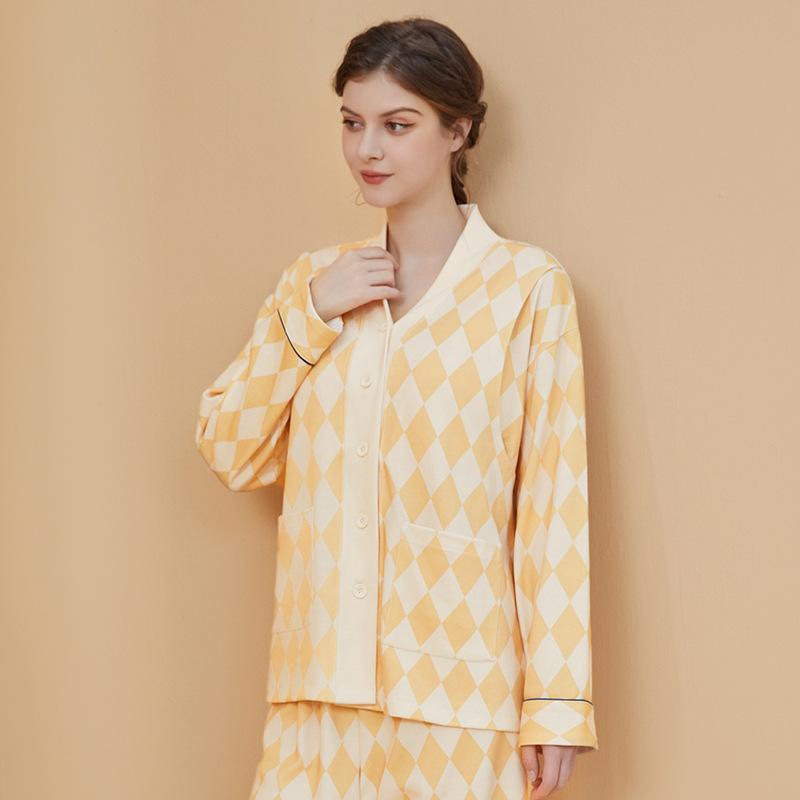 マタニティ パジャマ レディース 授乳服 綿100％ 長袖 長ズボン 前開き 春夏秋冬 産後 部屋着 ルームウェア イエロー M L XL XXL