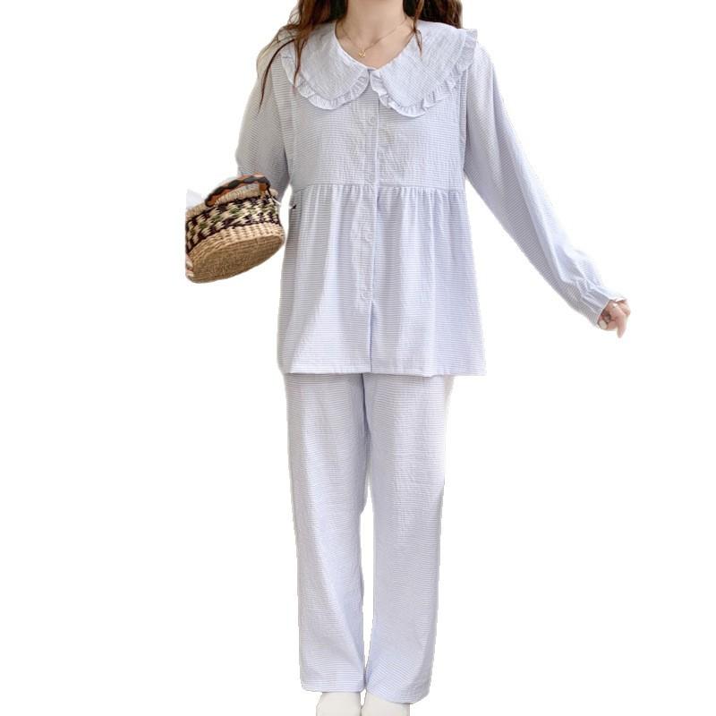 マタニティウェア 春夏秋冬 授乳服 長袖 長ズボン 上下セット パジャマ 部屋着 ルームウェア ストライ..