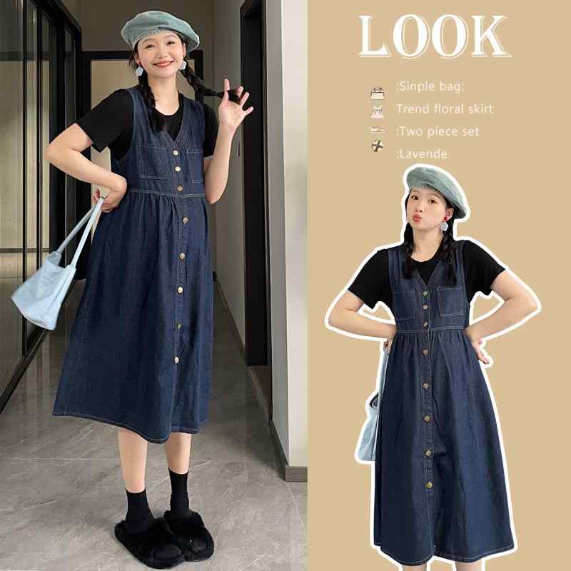 マタニティワンピース レディース デニム サロペット スカート 膝丈 半袖 Tシャツ セットアップ 妊婦服 産前 産後 ゆったり Aライン カジュアル かわいい 韓国風