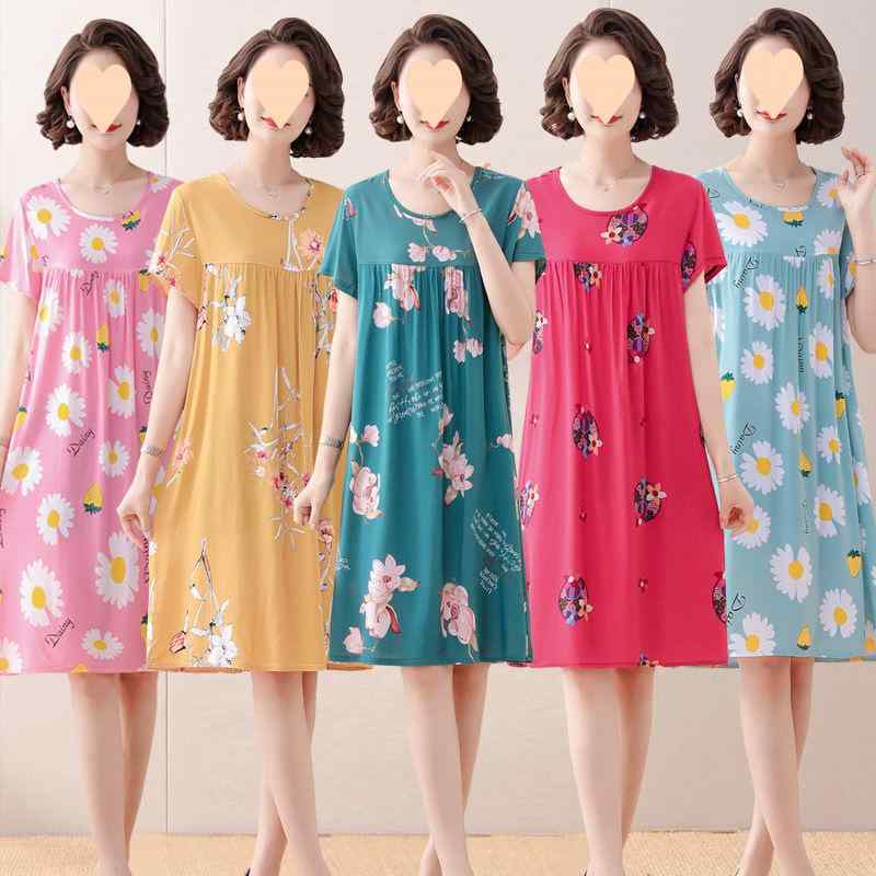 ワンピース レディース 婦人服 夏 パジャマ 人工綿 ミディアム丈 大きいサイズ ホームウェア ママ ラウ..