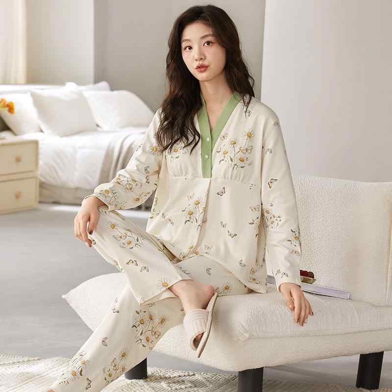 マタニティウェア 春夏 授乳服 長袖 コットン 産後 パジャマ セットアップ レディース 吸汗性 通気性 M..