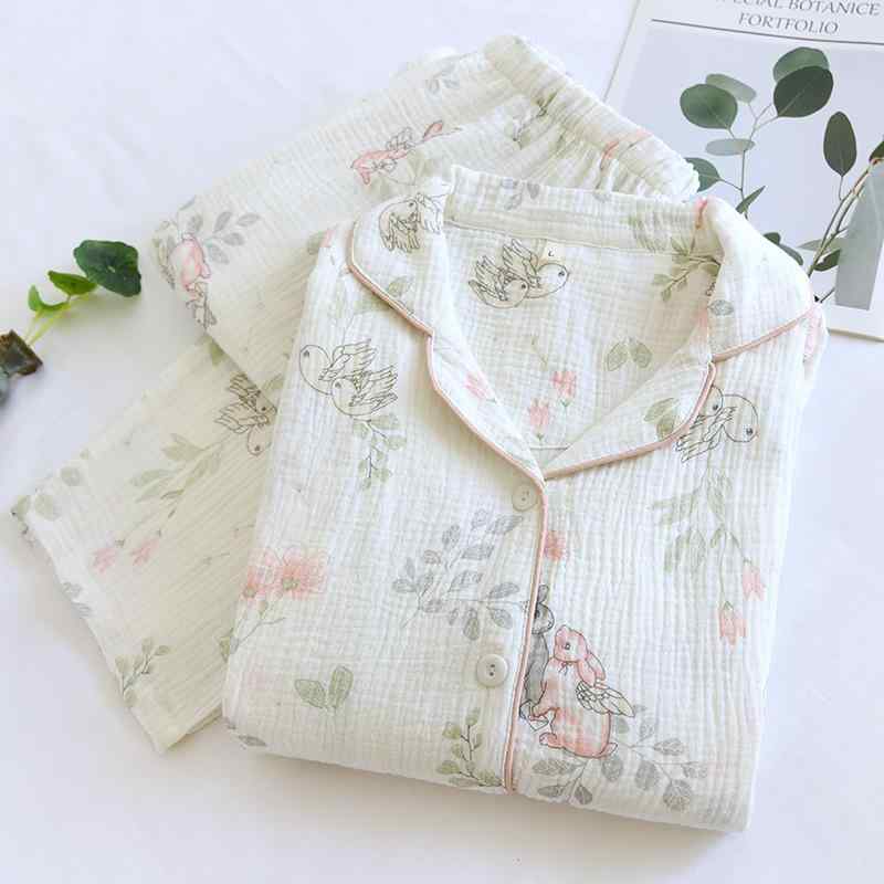 マタニティウェア 春夏 授乳パジャマ 上下セット 産後 授乳服 綿100％ 長袖 長ズボン 天使 ウサギ柄 M ..