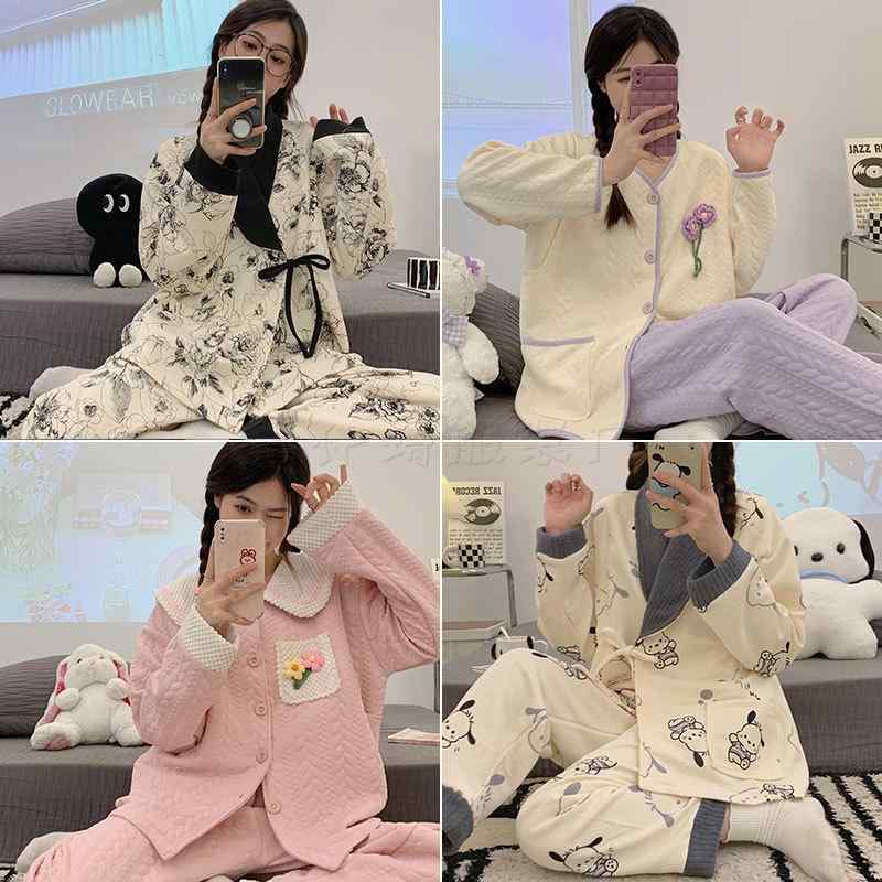 マタニティ パジャマ レディース 授乳服 春秋冬 綿 暖かい 長袖 長ズボン 上下セット 厚手 妊婦 産前 ..