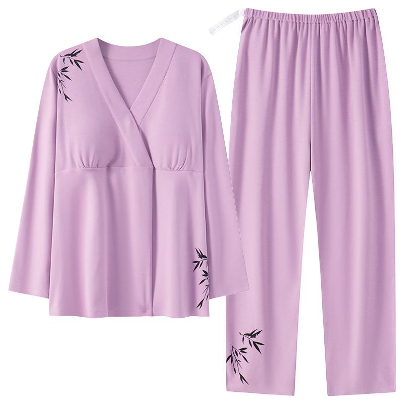 マタニティウェア レディース 授乳服 綿 長袖 産後 パジャマ 大きいサイズ 春秋 パープル ピンク ルー..