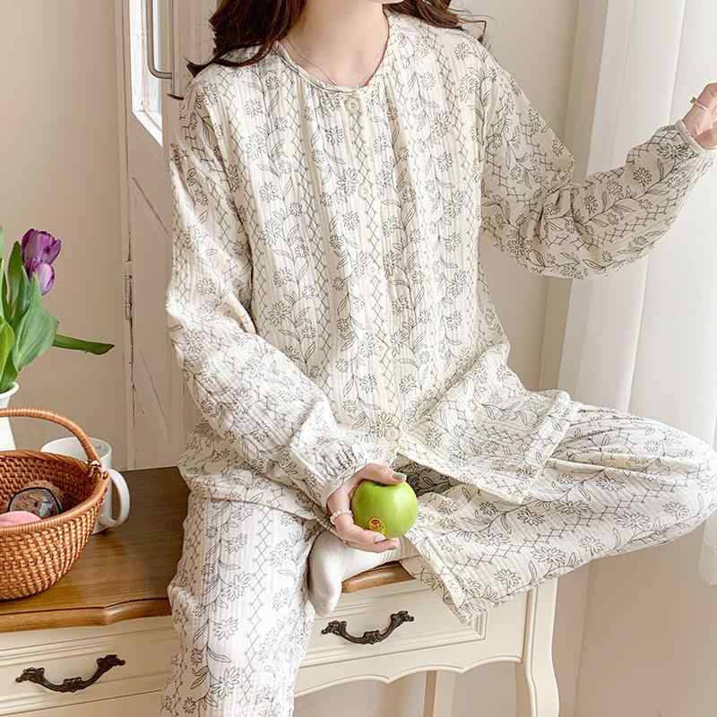 マタニティウェア レディース 授乳服 上下セット 綿100% ガーゼ パジャマ 長袖 長ズボン 春秋冬 産後 ..