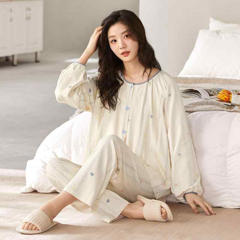 マタニティウェア 春夏 授乳服 抗菌 純綿 産後 授乳 パジャマ セットアップ 長袖 長ズボン 吸汗 通気性..