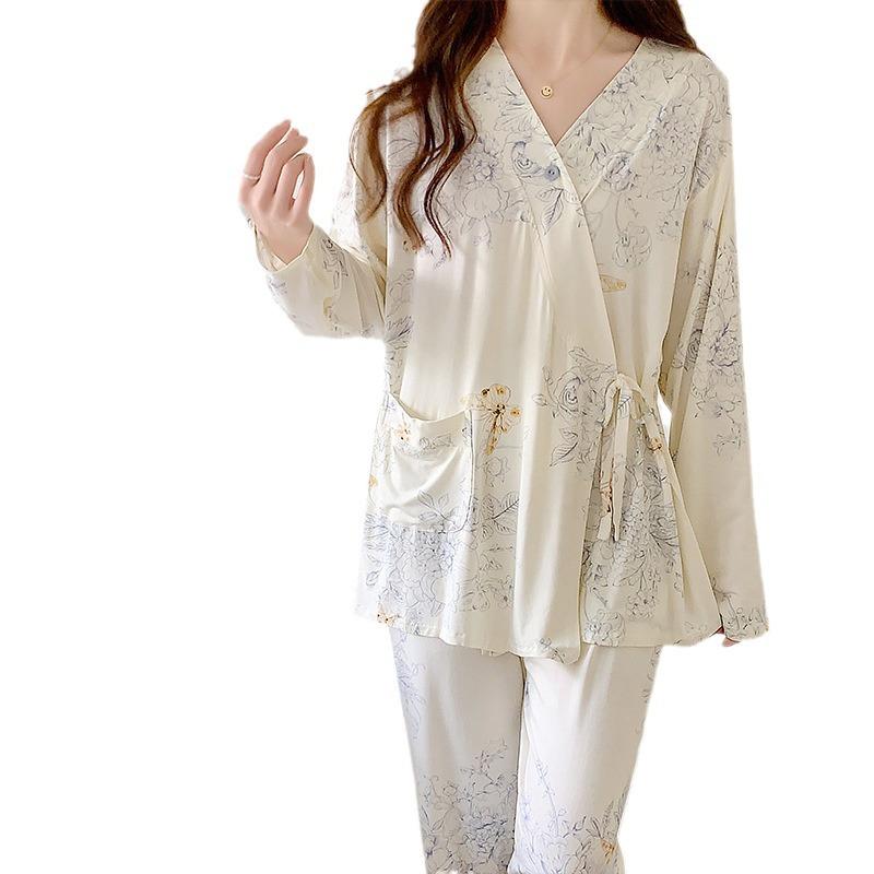 マタニティウェア レディース 妊婦服 授乳服 春夏 産後 パジャマ ルームウェア モダール 和風 蝶柄 長..